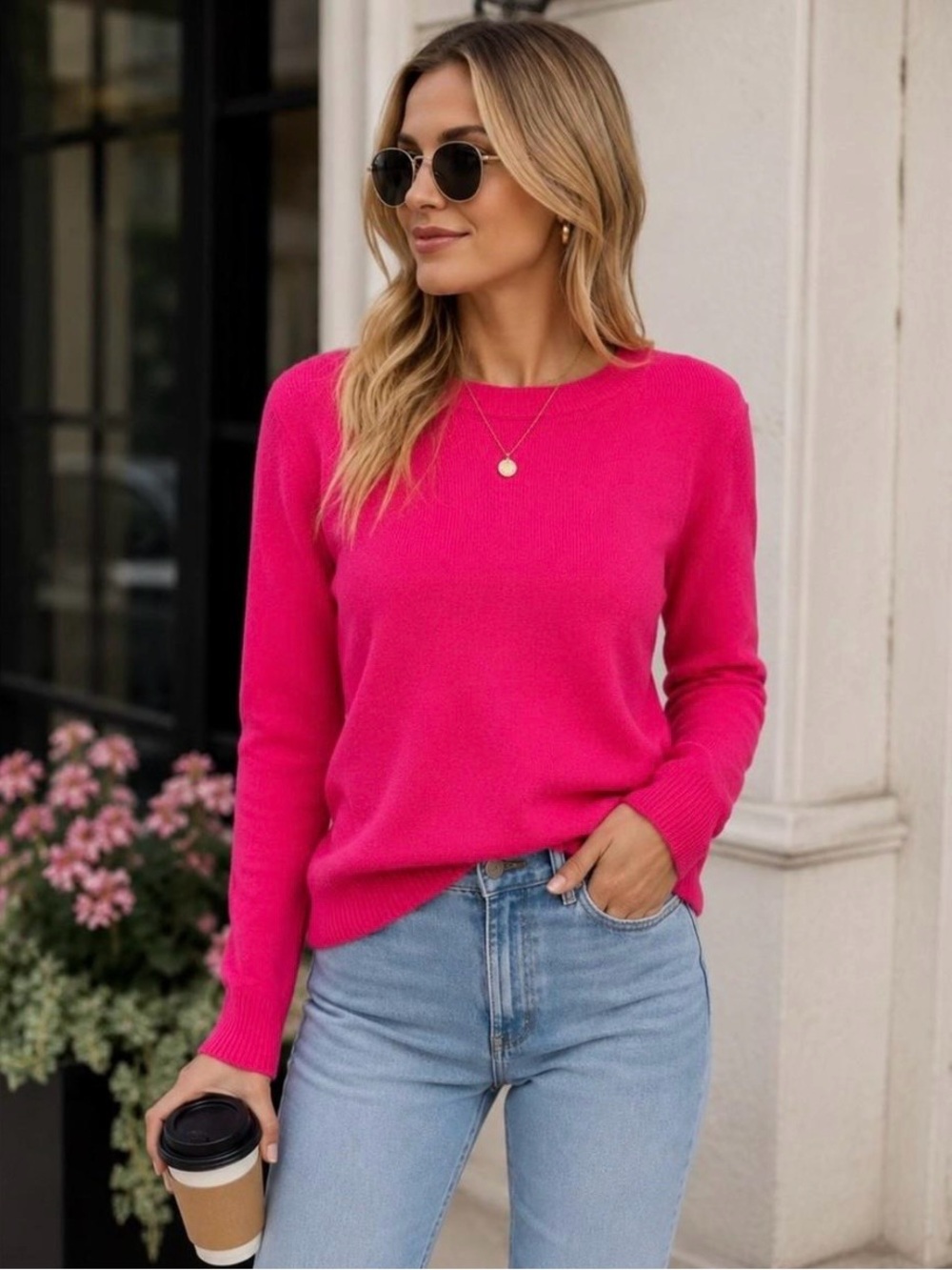 J. Crew 100% Cashmere Bright Fuchsia Crew Neck Sweater